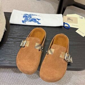 Burberry Brown Suede Slip-On Mules with Signature Plaid Strap